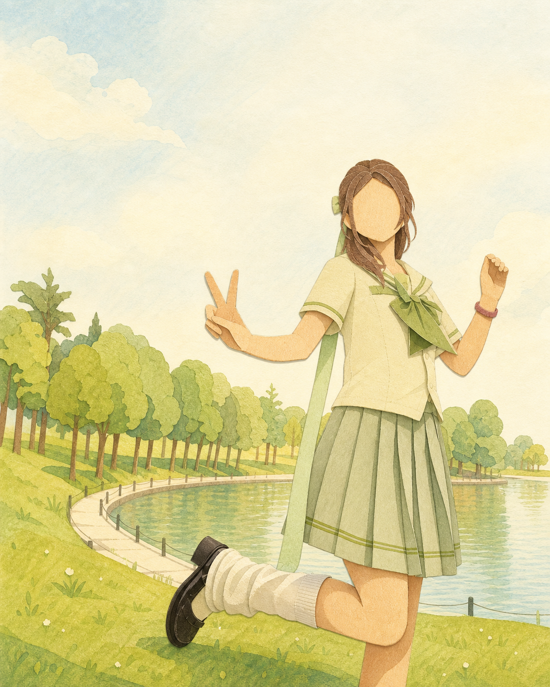 湖岸草地旁，一个穿浅绿色衣服、抬腿并比剪刀手的纸片人物