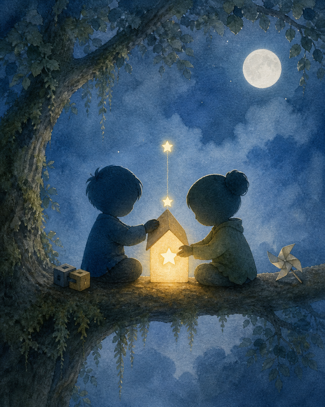 两个童真剪影一起扶着屋形灯,积木、风车和相连星光围在同一根树枝上